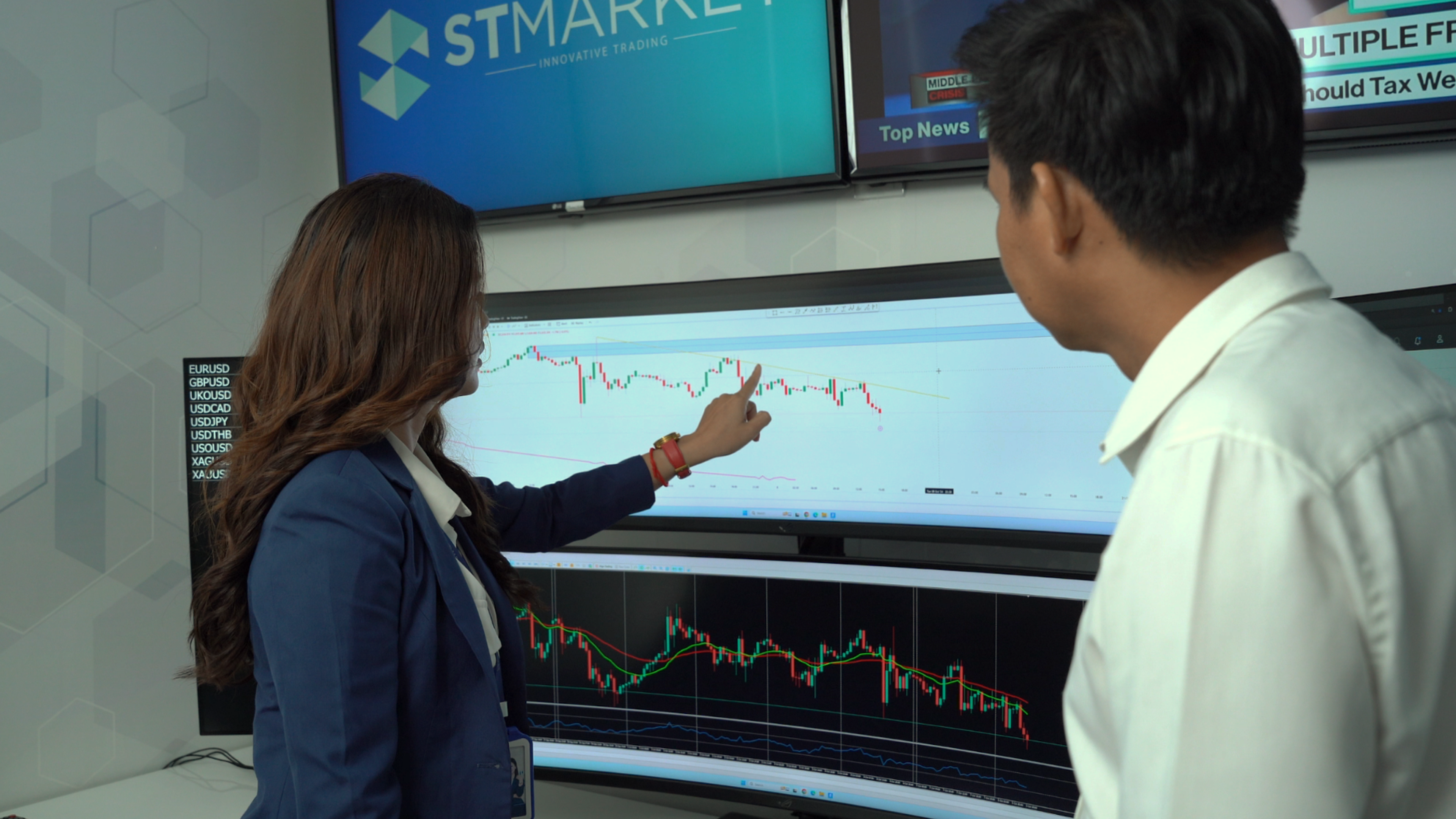 A TradeX coach mentoring a student at a trading desk