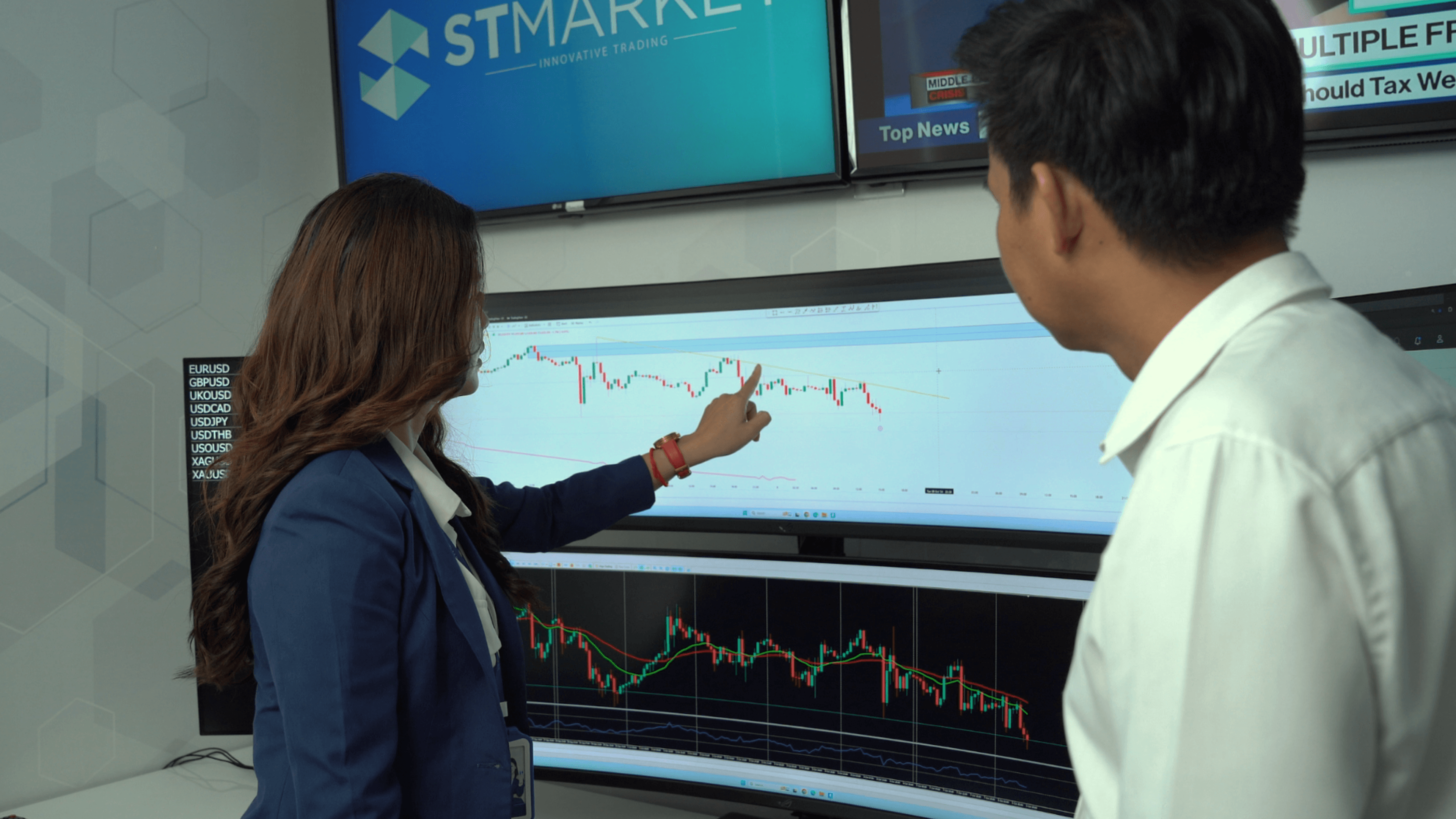 A TradeX coach mentoring a student at a trading desk